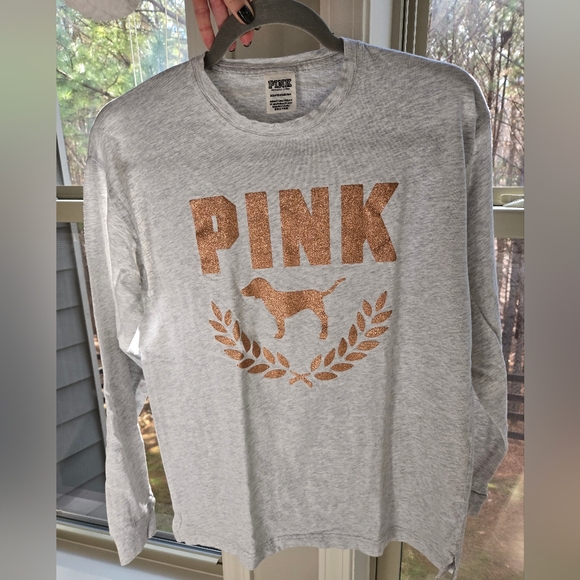 PINK Victoria's Secret Tops - PINK Victoria's Secret Heather Gray Glitter Long Sleeve Size Small OVERSIZED
